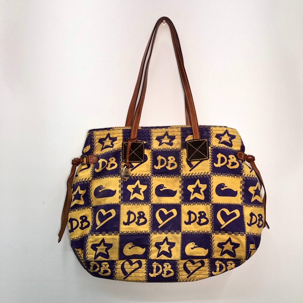 Dooney & Bourke Yellow Purple Canvas Brown Leather Strap Tote Bag